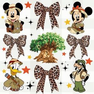May include: A digital illustration featuring Mickey Mouse, Minnie Mouse, Donald Duck, and Goofy in safari attire, alongside leopard print bows and a large tree. The background is a checkered pattern with stars.