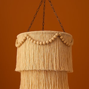 Handmade Natural Rattan Pendant Light with Tassels and Beads – Ecru Rustic Hanging Lamp – Adjustable 150cm (59&quot;) Height