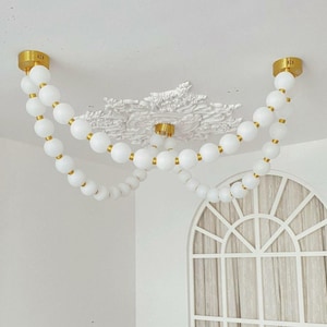 Modern Brass & Acrylic Chandelier, Pearl Necklace Design, Large LED Pendant Light Fixture