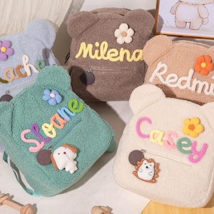 Sac à dos personnalisé en forme d'ours en peluche, sac à dos pour tout-petit d'âge préscolaire, sac à dos pour enfants avec nom, sac à dos personnalisé pour enfants en peluche pelucheux, cadeaux pour enfants