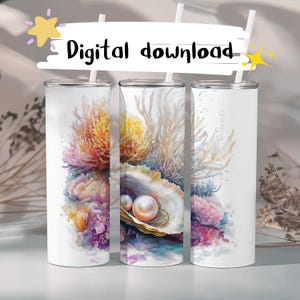 Envoltura para vaso recto delgado de 20 oz con perla en un hermoso arrecife de coral y vibrantes anémonas marinas, descarga digital PNG