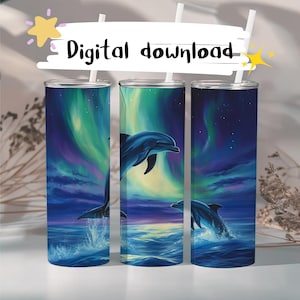 Delfine unter der Aurora im Himmel 20 Unzen Skinny Straight Tumbler Wrap, PNG Digital Download