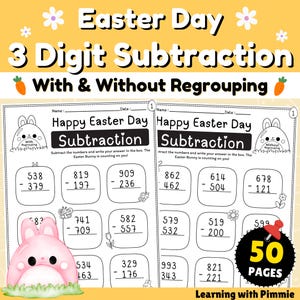 May include: Black and white printable worksheet with an Easter theme. The worksheet features two pages of 3-digit subtraction problems, with and without regrouping. The worksheet is designed for children to practice their math skills.