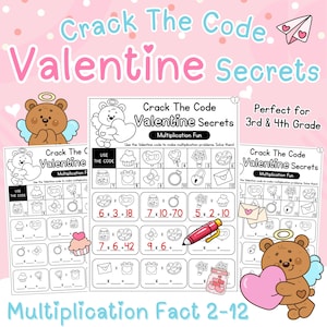 Peut inclure: Feuille de travail éducative rose intitulée "Crack The Code Valentine Secrets" avec des problèmes de multiplication. Comprend des ours de dessins animés, des cœurs et des graphiques sur le thème de la Saint-Valentin. Comprend le texte "Multiplication Fact 2-12".