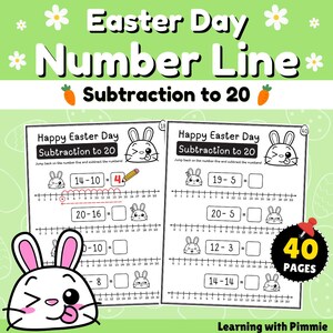 May include: A printable worksheet with 40 pages of Easter-themed number line subtraction problems for kids. The worksheet features a cute bunny rabbit illustration and the text "Happy Easter Day Subtraction to 20".