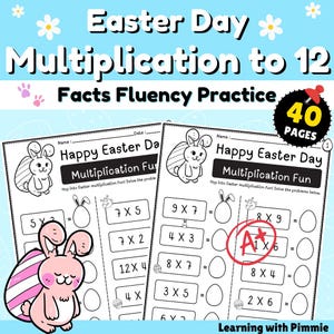 May include: A printable worksheet with an Easter theme. The worksheet features a bunny rabbit and eggs. The worksheet is designed to help children practice multiplication facts up to 12. The text on the worksheet reads "Happy Easter Day Multiplication Fun".