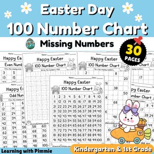 May include: An Easter-themed workbook with 100 number charts. The pages have missing number sequences, with a bunny graphic. Includes 30 pages for kindergarten and 1st grade learning.