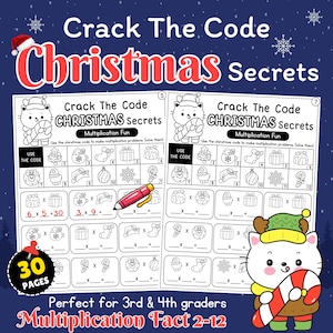 May include: A Christmas-themed workbook with the title "Crack The Code Christmas Secrets." The cover features a cartoon cat holding a candy cane. The workbook is designed for 3rd and 4th graders and focuses on multiplication facts.