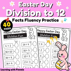 May include: Two black and white printable worksheets with Easter bunny illustrations. The worksheets feature division problems with answers to be filled in. The worksheets are titled "Happy Easter Day Division Fun".