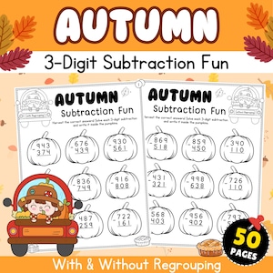 Op de afbeelding: Herfst-thema werkblad voor 3-cijferige aftrekking. De titel "AUTUMN" staat bovenaan, met de tekst "3-Digit Subtraction Fun" eronder. Het werkblad bevat pompoenvormige wiskundeproblemen en een cartoonauto met een personage.