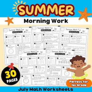 1st Grade July Math Morning Work | Summer Morning Work – Daily Printable Worksheets | Math Facts, Telling Time, Skip Counting, Word Problems