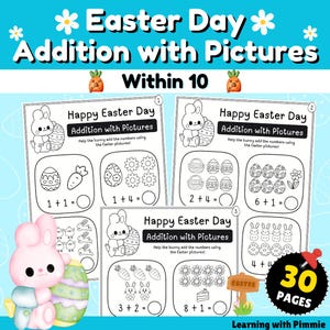 Könnte beinhalten: Ein Satz von 30 druckbaren Arbeitsblättern für Kinder, um das Addieren mit Bildern zu üben. Die Arbeitsblätter haben ein Ostern-Thema mit Hasen, Eiern, Karotten und Blumen. Jedes Arbeitsblatt hat eine andere Additionsaufgabe mit Bildern, um Kindern zu helfen, die Mathematik zu visualisieren.