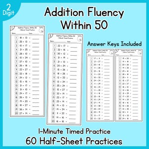 Puede incluir: Hojas de trabajo blancas con problemas de suma, tituladas "Addition Fluency Within 50". Incluye 60 prácticas y claves de respuestas. Cada hoja tiene 20 problemas para una práctica cronometrada de 1 minuto.