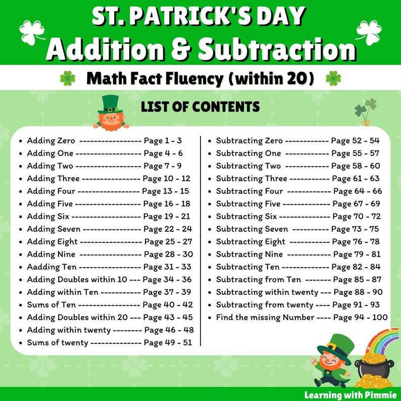 St. Patrick's Day Addition & Subtraction Worksheets Math Fact Fluency ...