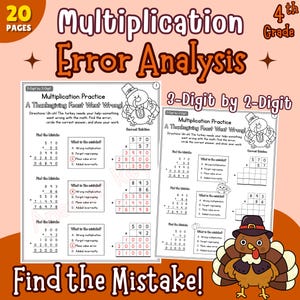 Pode incluir: Folha de exercícios de matemática intitulada Multiplication Error Analysis for 4th Grade. A página apresenta problemas de multiplicação de 3 dígitos por 2 dígitos com tema de Ação de Graças, incluindo um peru de desenho e o texto A Thanksgiving Feast Went Wrong.