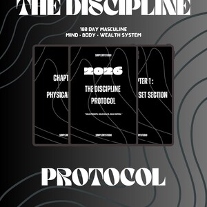 以下が含まれることがあります： 「The Discipline Protocol」のグラフィックデザイン。テキストには「180 Day Masculine Mind Body Wealth System」が含まれています。デザインは、黒とグレーの配色に波線とSimpleMyStudioのロゴが特徴です。