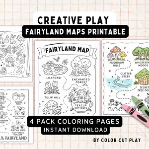 Fairyland Karte zum Ausdrucken für Kinder - 4er Pack Fee Ausmalseiten, magische Karte, sofortiger Download, Fantasy-Aktivität für Mädchen und Jungen