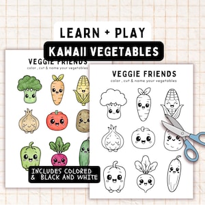 Learn + Play: Kawaii Vegetable Activity Pack – Cute Vegetation Printables for Kids | Cut and Paste + Color Pages