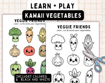 Learn + Play: Kawaii Vegetable Activity Pack – Cute Vegetation Printables for Kids | Cut and Paste + Color Pages