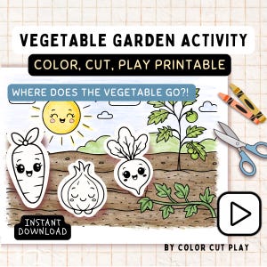 Attività di giardinaggio - Lavoretto da giardino con taglia e incolla - Amici vegetariani stampabili / Attività Montessori per la scuola materna / Verdure kawaii