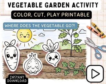 Gardening Activity - Cut & Paste Garden Craft – Veggie Friends Printable | Preschool Montessori Activity | Kawaii Vegetables