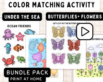 Color Matching Printable Activity for Kids – Ocean Animals & Butterfly Flower Match – Preschool and Toddler Learning Game