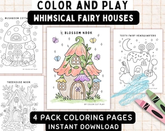 Fairy House Coloring Pages – 4 Printable Fairy Homes for Kids, Tooth Fairy, Treehouse & Mushroom Cottage – Whimsical Set Download