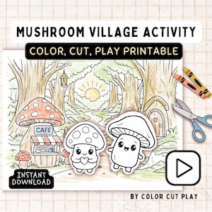 Pilzdorf Cut & Color Craft - Druckbare Aktivität für Kinder | Montessori, Ausschneiden und Einfügen, aktiver Kinderspaß