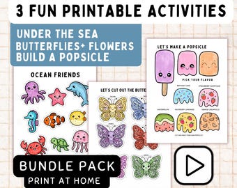 3 Printable Activities for Kids | Color Match Ocean Friends, Butterflies & Flowers and Build a Popsicle | Cut and Play Craft Kit