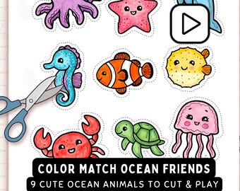 Ocean Animal Matching Game Printable – Cut and Paste Toddler Activity | Montessori Color Match | Preschool Ocean Craft PDF