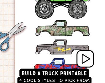 Build a Monster Truck Printable Kit – Cut and Color Activity for Kids | Interchangeable Truck Bodies | Fun Boy Gift or Party Craft