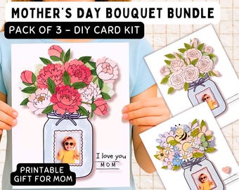 Mother's Day Bouquet Card Kit for Kids – Printable Gift for Mom with Photo – DIY Flower Craft – Instant Download – Preschool Activity