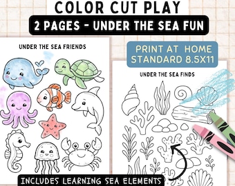 Afdrukbaar oceaandier Montessori peuter – Knip en plak zeedieren en koraal | Kawaii Kleurplaten | Pdf met activiteiten voor kleuters