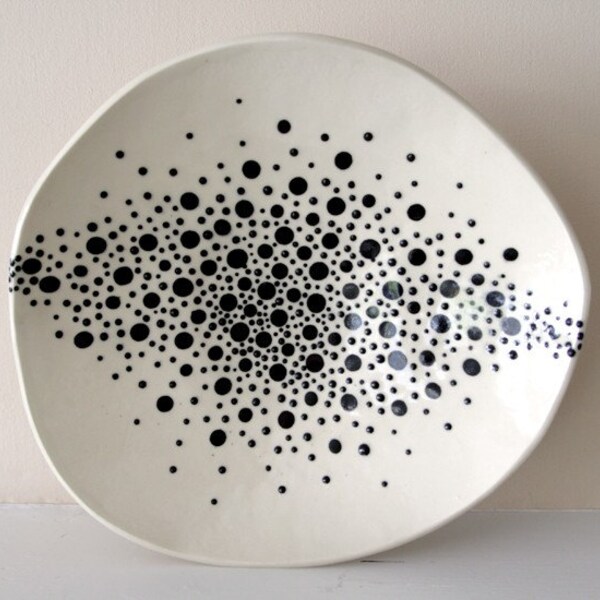 Large Footed Stoneware Platter with a Constellation of Black and White Dots / Starry Night Sky Cosmology / "ORION NEBULA 1"