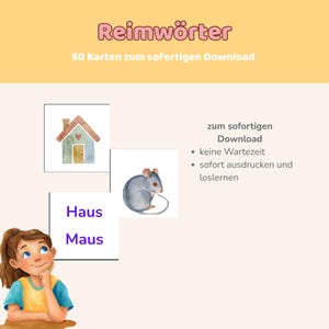 May include: A digital download graphic with the text "Reimwörter" and "60 Karten zum sofortigen Download." The image includes illustrations of a house, a mouse, and the words "Haus" and "Maus."