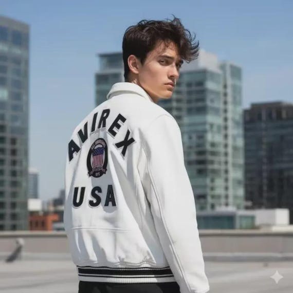White Avirex Leather Bomber Jacket – USA Shield Patch, Varsity