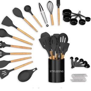 Cooking Utensils Set | Silicone 33 Pcs Kitchen Utensils Set with Wooden Handles | Heat Resistant Spatula Gadgets Set Non Stick Cookware