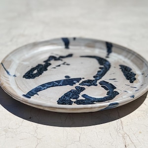 Large Handmade Studio Pottery Platter Signed & Dated, Abstract Blue Brushstroke Ceramic Serving Tray, Artisan Stoneware Tray Wabi Sabi