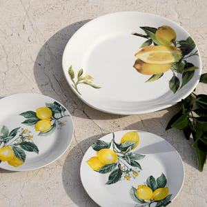 May include: White ceramic plates with a lemon design. The plates feature yellow lemons, green leaves, and white blossoms. The plates are in different sizes, with a large serving plate and two smaller plates.