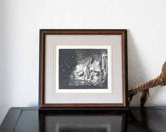 Litografía de paisaje abstracto de edición limitada firmada 1/6 / Impresión modernista vintage en blanco y negro, enmarcada / Obra abstracta neutra