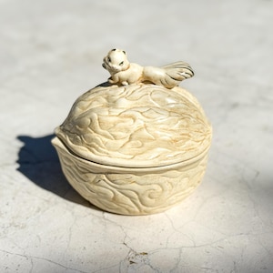 May include: A cream-colored ceramic trinket box shaped like a walnut with a textured, ridged surface. A small, sculpted squirrel figure with a bushy tail is attached to the top of the lid, serving as a handle for the two-piece container.