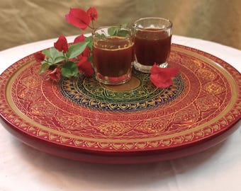 Hand-Engraved Wooden Lazy Susan – Layered Shellac Color Carving | Artisan Statement Centerpiece | Decorative Kitchen Tray