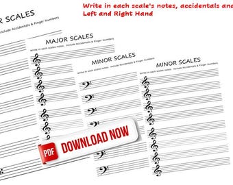 Theory Worksheets for Major and Minor Scales applied to the treble and bass clef staff for the piano with fingering and accidentals