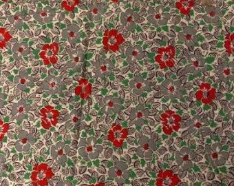 Vintage Grey & Red Floral Feedsack Cotton Fabric 1930's 35" L x 35"W