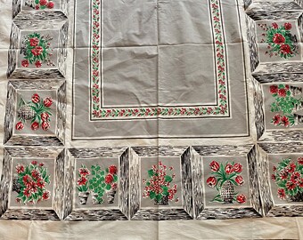 Vintage 1950’s Floral Tablecloth 48” x 52” Mint Grey & Red