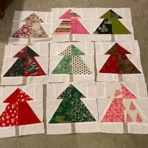 Christmas Tree Quilt Blocks Set 9 Handsewn 12&quot; Blocks