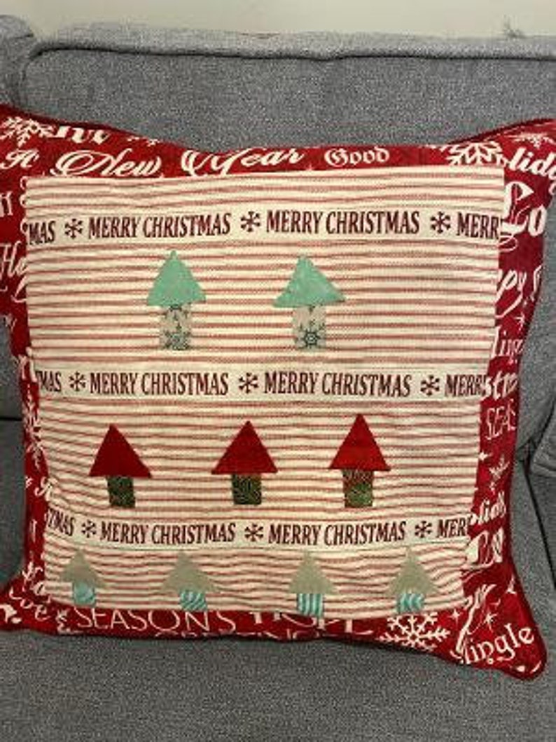 Merry Christmas Pillow Cover 20 Hand Appliqued Trees Ticking Fabric NEW Christmas Gift image 4