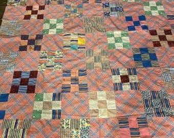 Antique Quilt Top 1920's 9 Patch 72" x 68" Plaids Feedsacks Florals Cottons