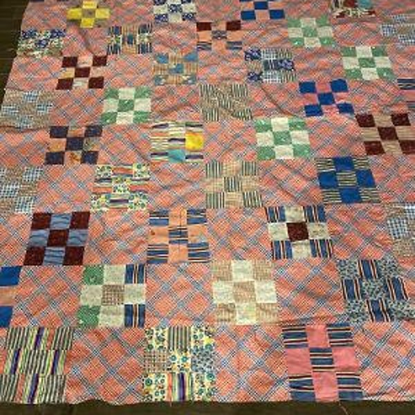 Antique Quilt Top 1920's 9 Patch 72" x 68" Plaids Feedsacks Florals Cottons