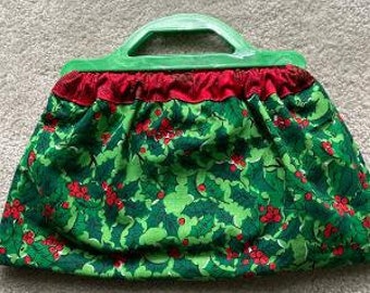Christmas Knitting or Crocheting Bag Handbag  Vintage Green Plastic Handles Christmas Hostess Gift